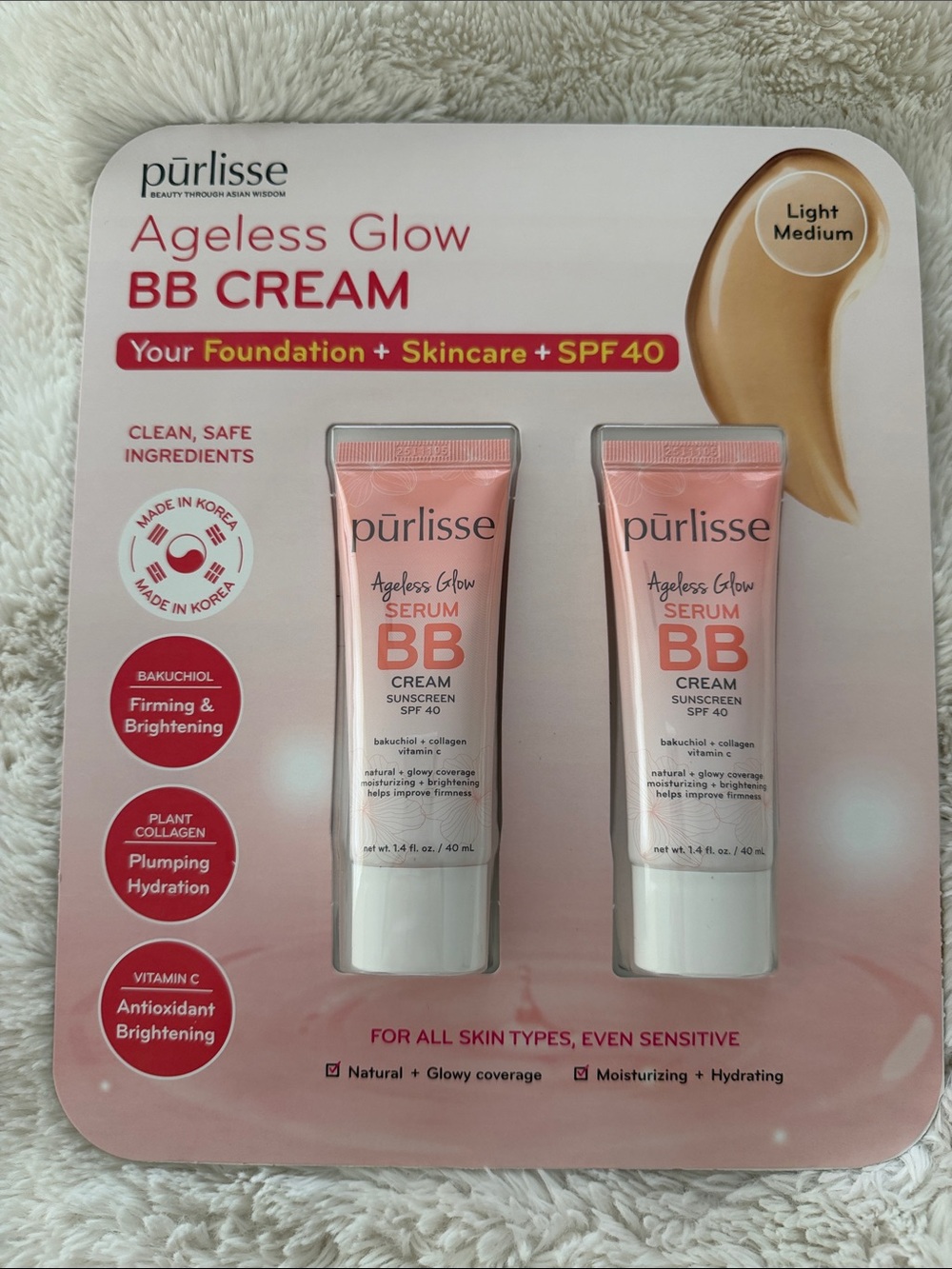 Purlisse Ageless Glow Serum BB Cream with SPF 40 Light Medium 1.4 oz x2 Pack NW